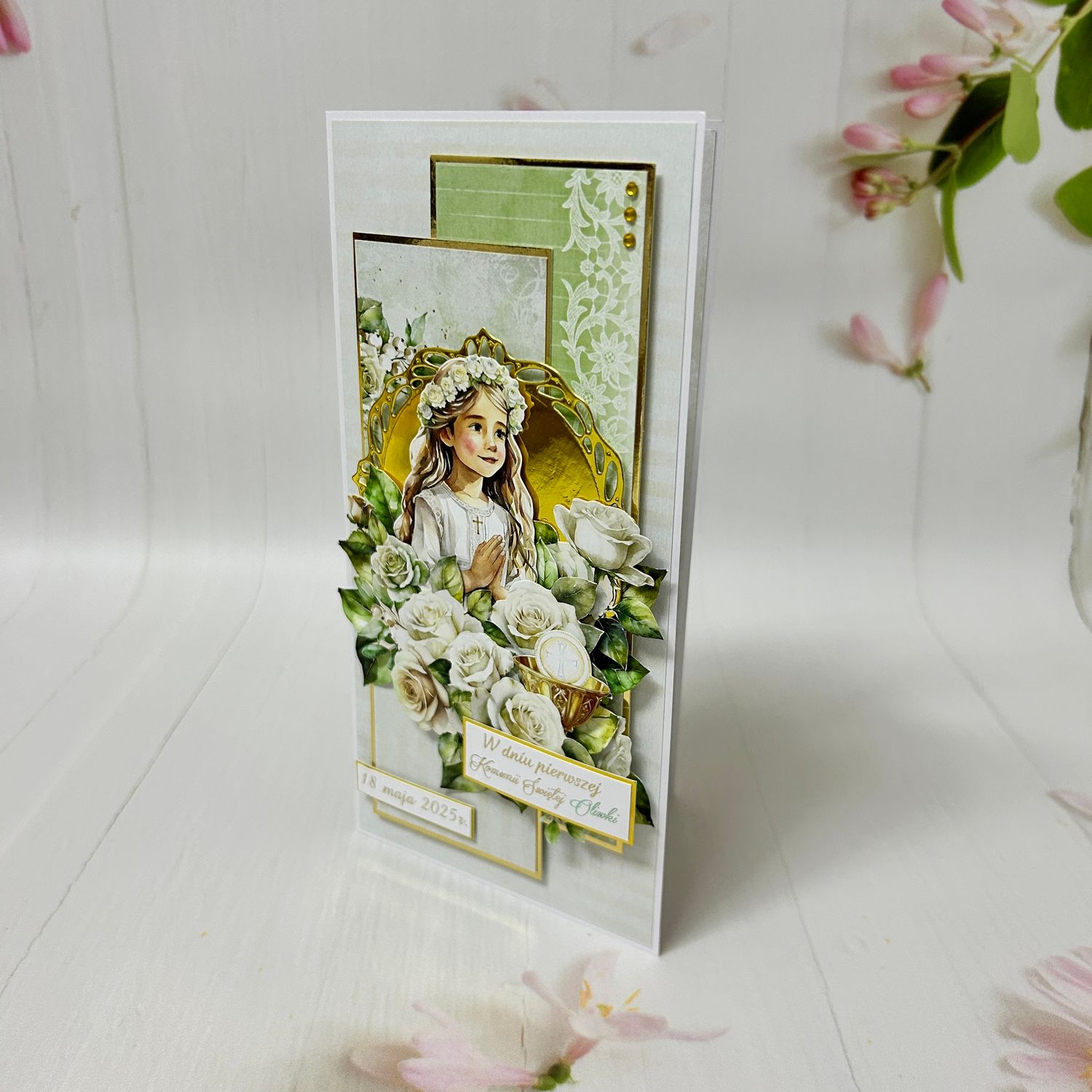 Personalizowana Kartka Komunijna DL w Kopercie – Pamiątka Pierwszej Komunii Świętej