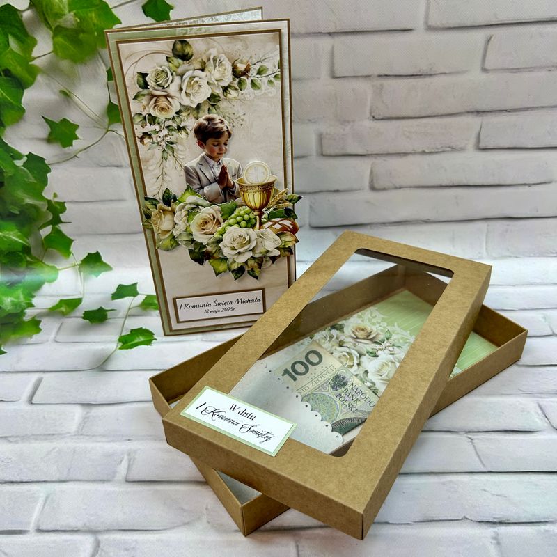 Kartka komunijna DL kraft dla chłopca w pudełku – personalizowana