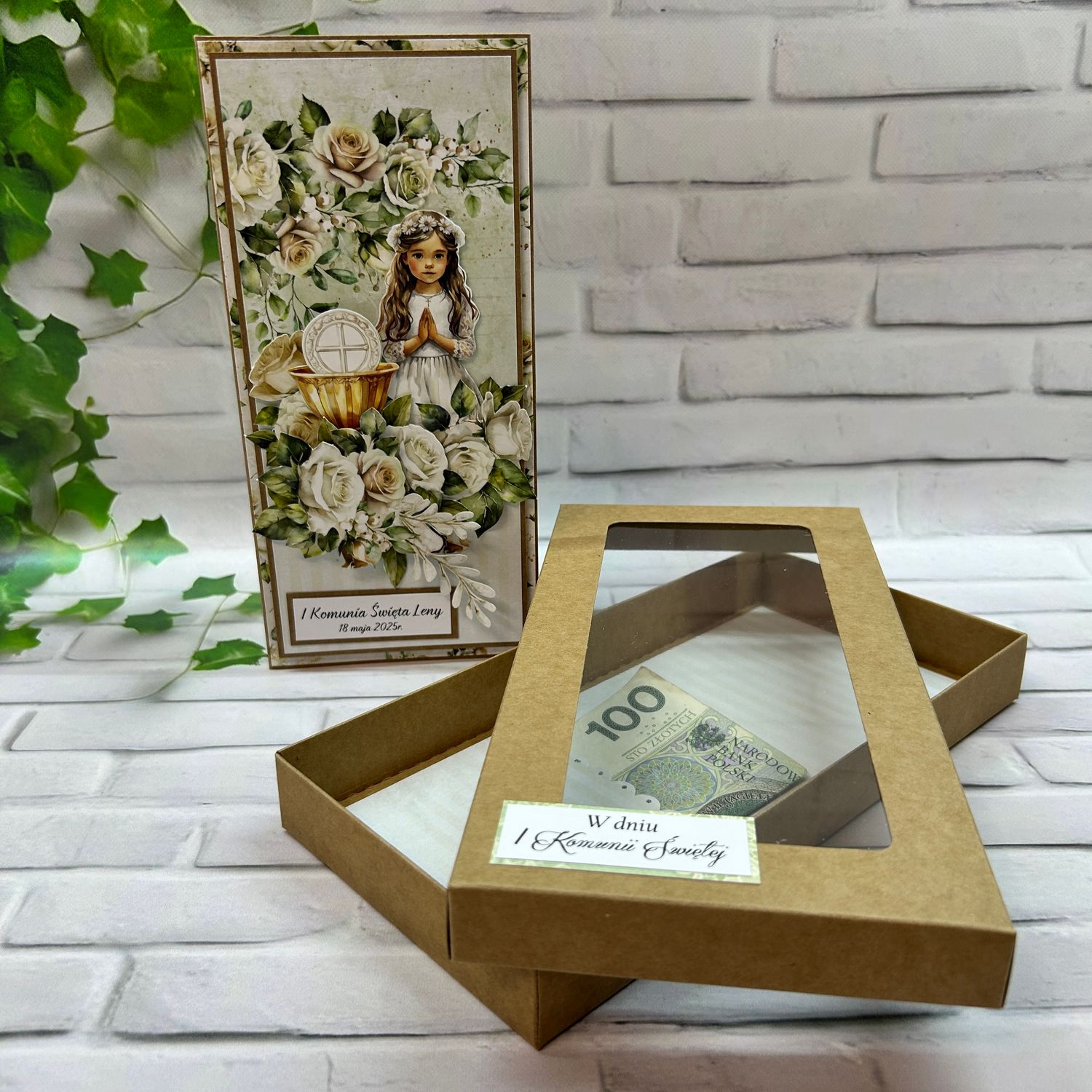 Kartka komunijna DL kraft dla dziewczynki w pudełku – personalizowana
