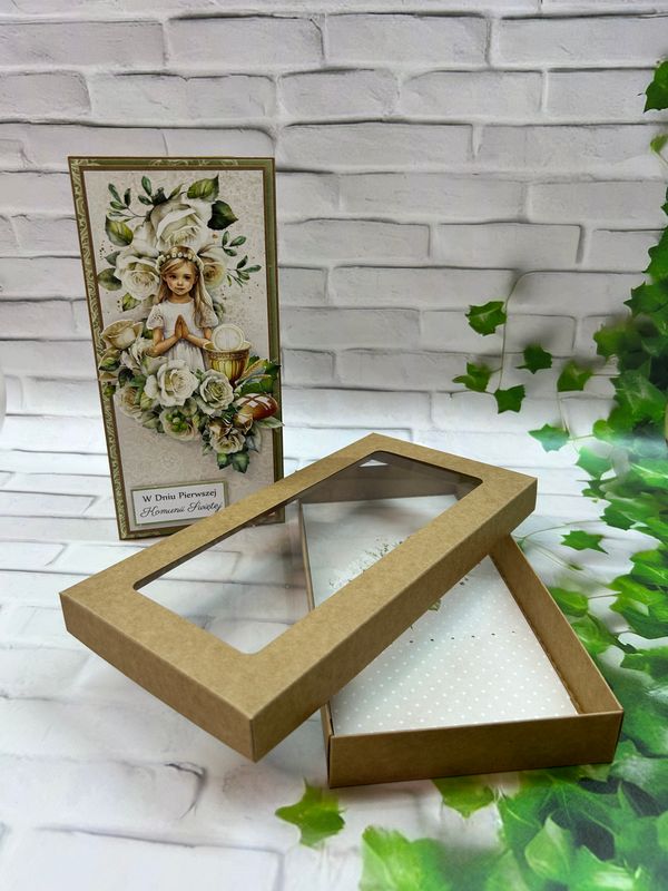 Kartka komunijna DL w pudełku kraft dla dziewczynki