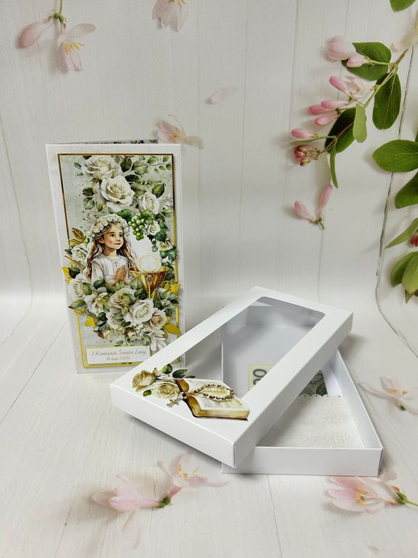 Kartka komunijna DL kwiatowa zielono-złota w pudełku – personalizowana