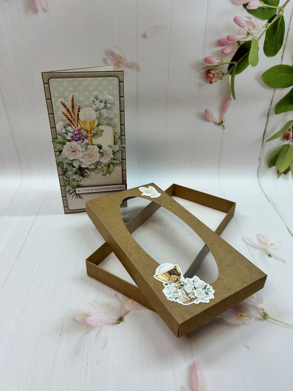 Kartka komunijna DL w pudełku kraft z kielichem