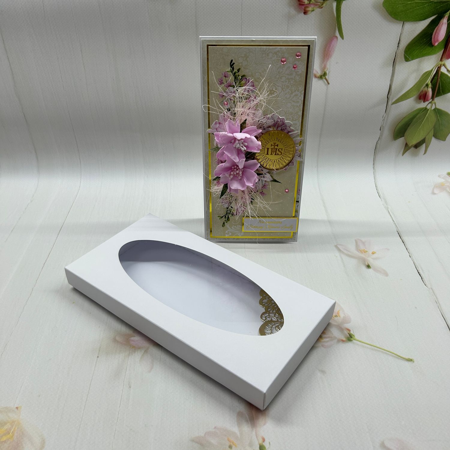 Kartka komunijna DL w pudełku - złote detale