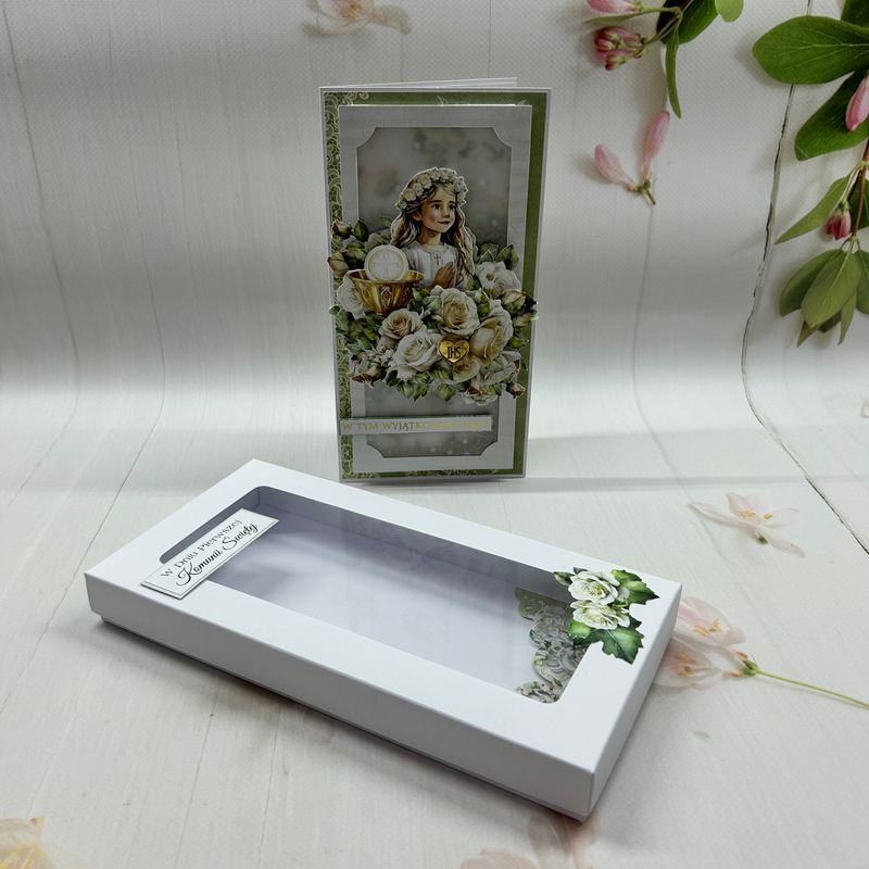 Kartka komunijna DL w pudełku dla dziewczynki z shakerem