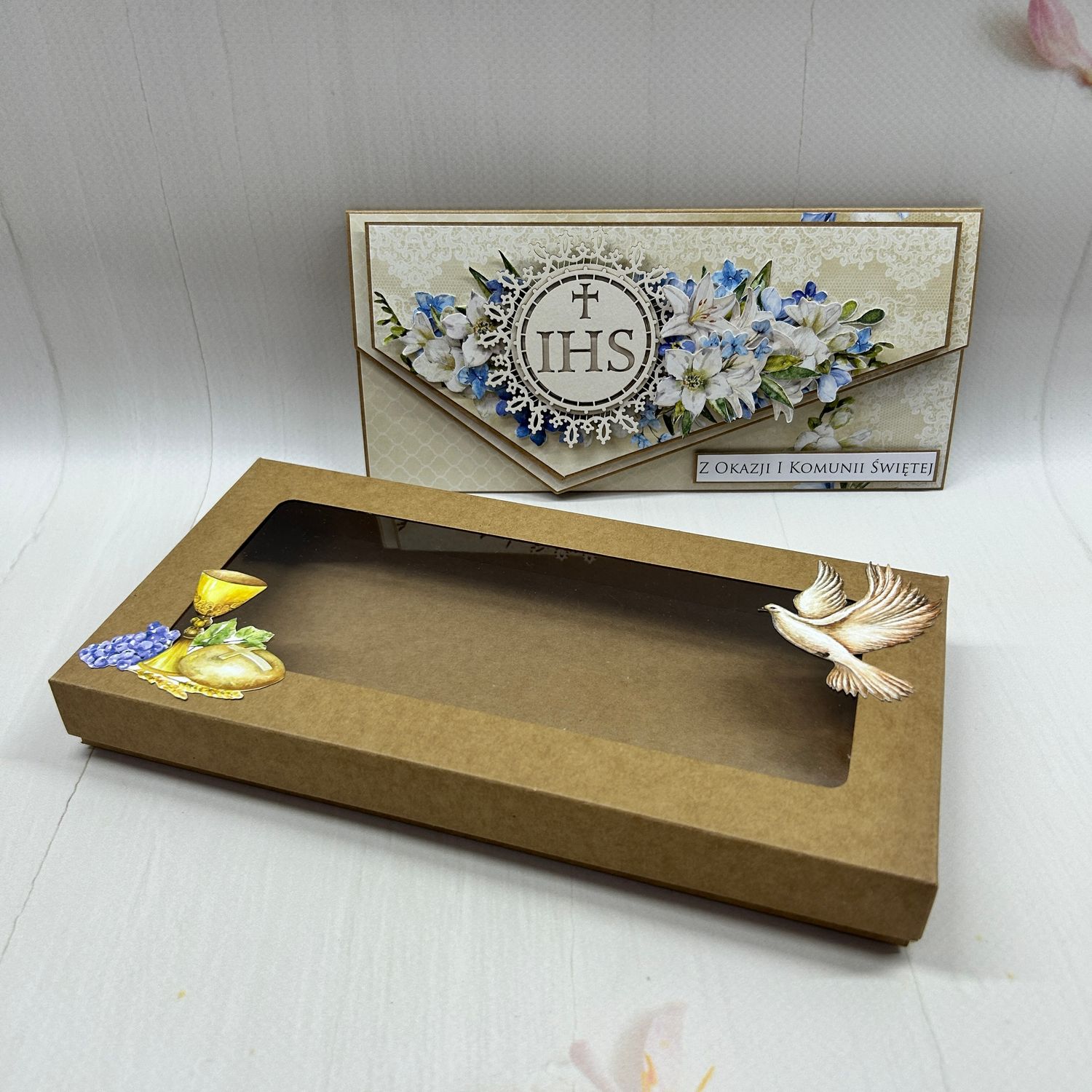 Kartka komunijna DL w pudełku - nowoczesna kopertówka