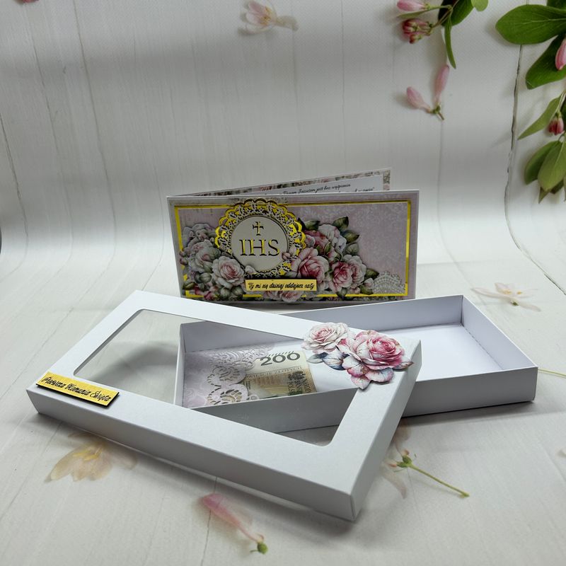 Kartka komunijna DL w pudełku ze złotymi zdobieniami