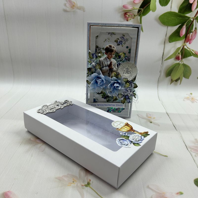 Kartka komunijna DL w pudełku dla chłopca z shakerem