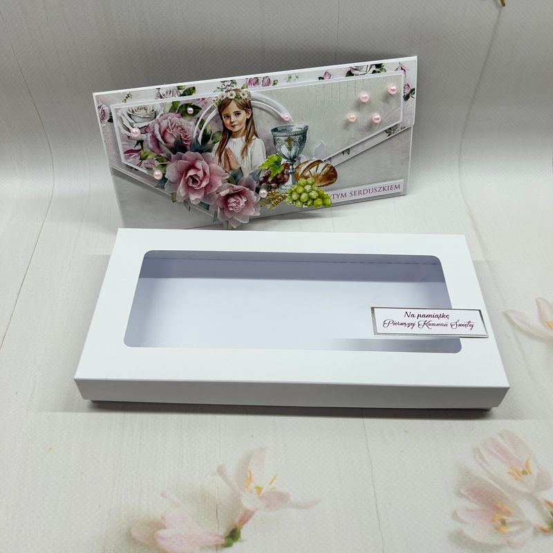 Kartka komunijna DL w pudełku - kopertówka dla dziewczynki