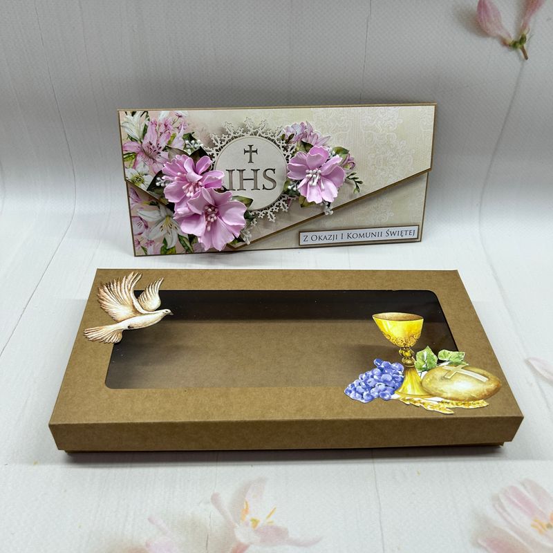 Kartka komunijna DL w pudełku - kopertówka z kwiatami