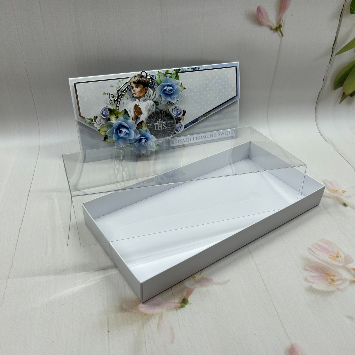 Kartka komunijna DL w pudełku - kopertówka glamour