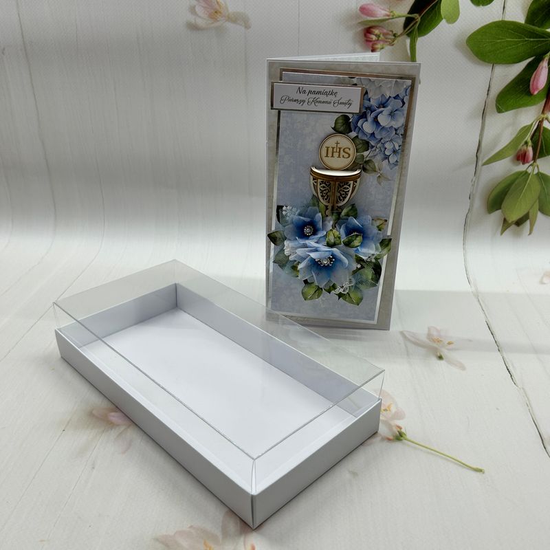 Kartka komunijna DL w pudełku z kielichem