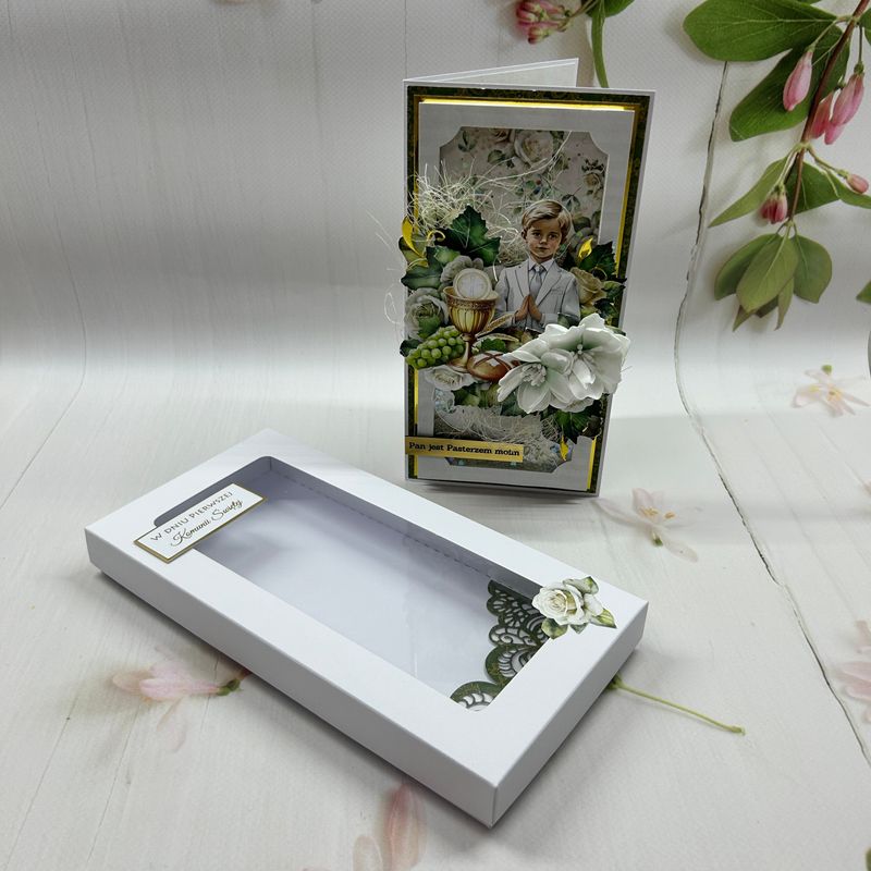 Kartka komunijna DL w pudełku dla chłopca z shakerem