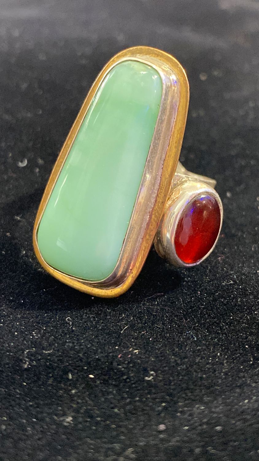 Lemon Chrysoprase and garnet with brass and silver basil