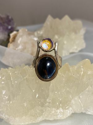 Black Tiger’s Eye &amp; Pink Dichroic Glass Ring