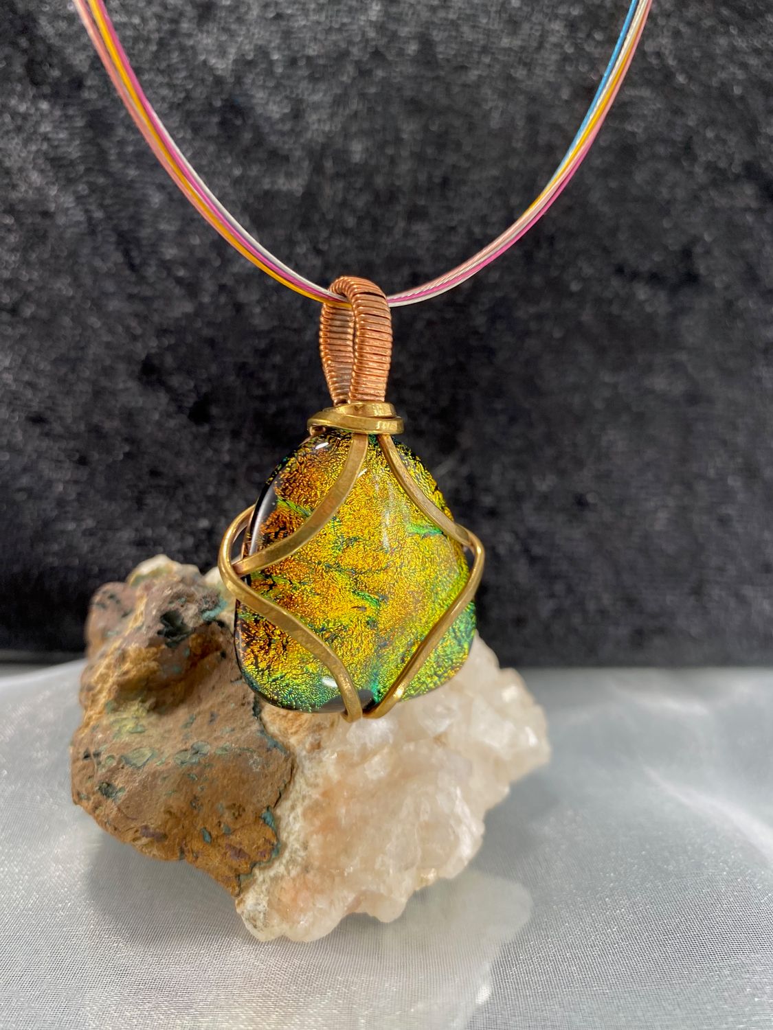 Green &amp; Red Dichroic Glass Copper Pendant