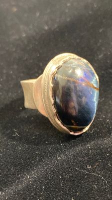 Oblong Tigers Eye Ring with Free Form Silver Bezel