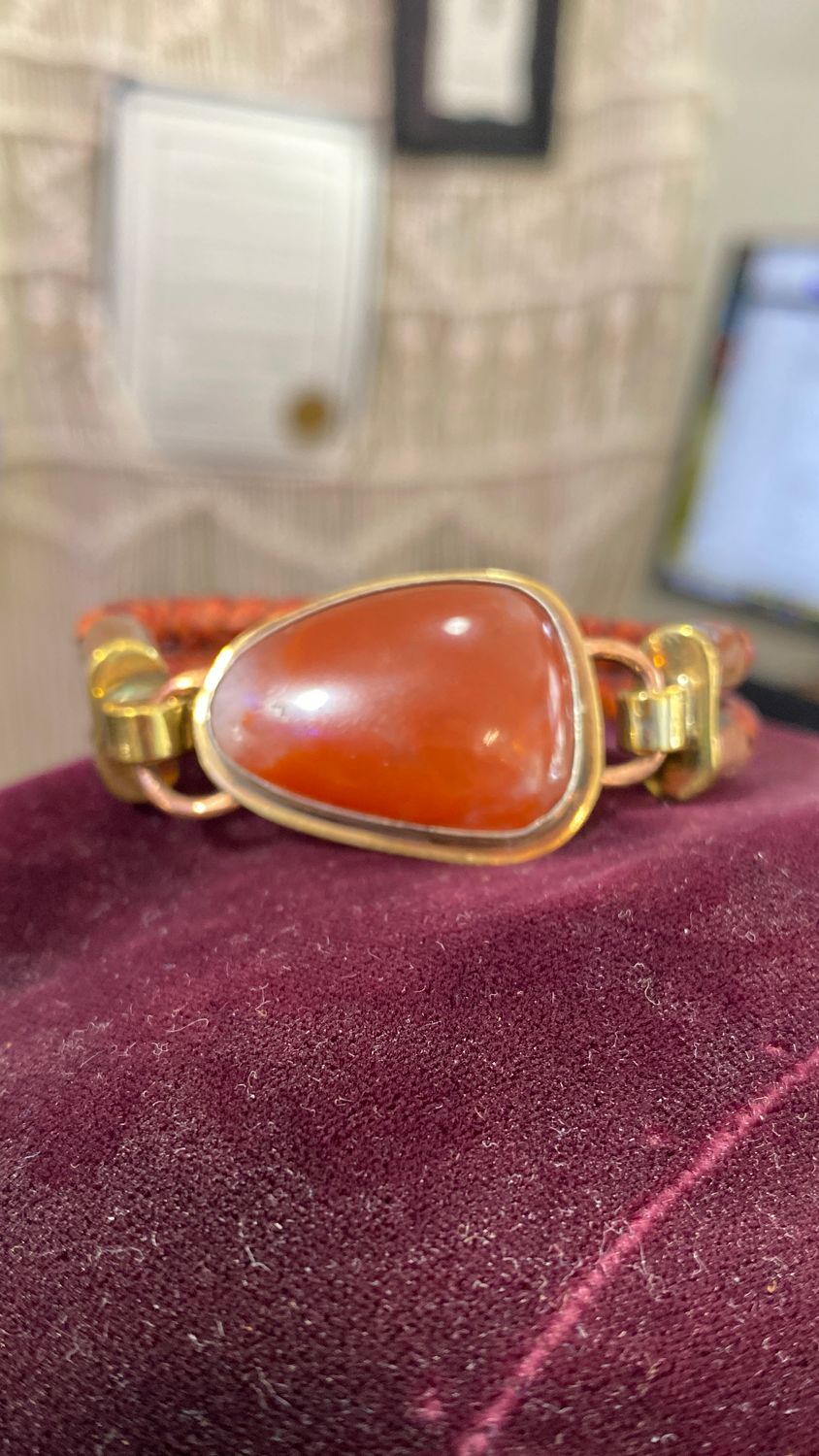 Jasper with silver and brass bezel braided leather bracelet
