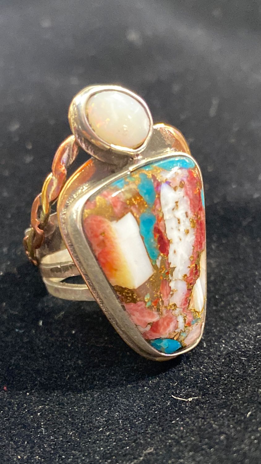 Mojave turquoise and opal with brass and silver bezel