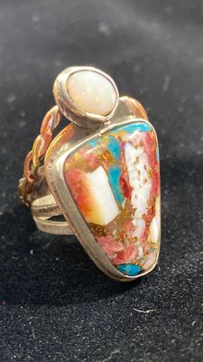 Mojave turquoise and opal with brass and silver bezel