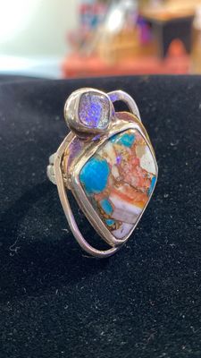 Mojave turquoise and Dichroic glass with brass and silver bezel