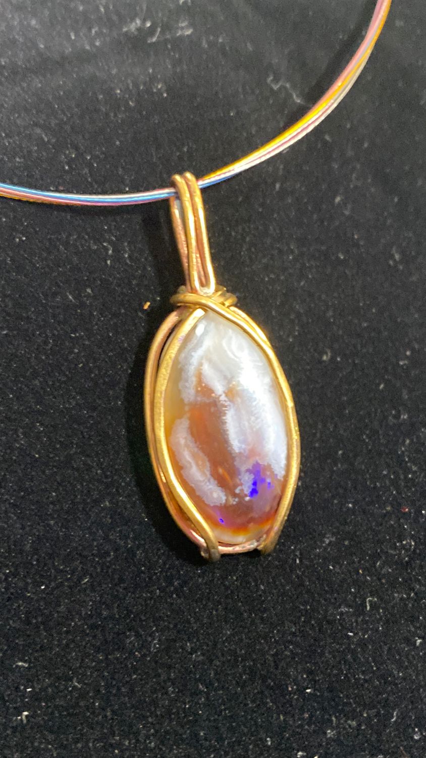 Oregon Agate And Brass Wire Wrapped Pendant