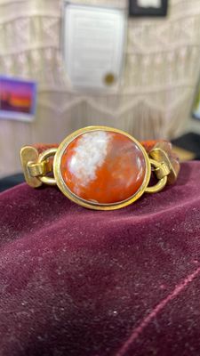 Red Jasper with silver and brass bezel and braided leather bracelet