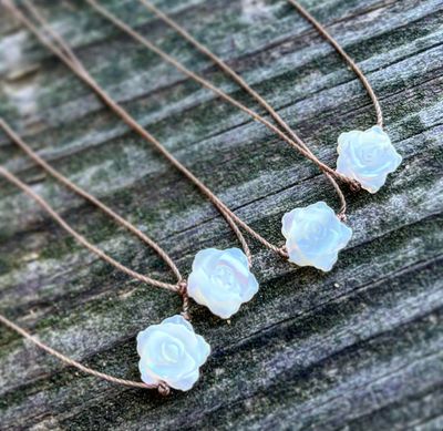 Mother of Pearl White Carved Flower Cord Necklace