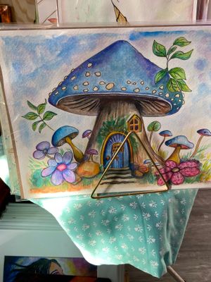 Watercolor and Colored Pencil Mushroom House