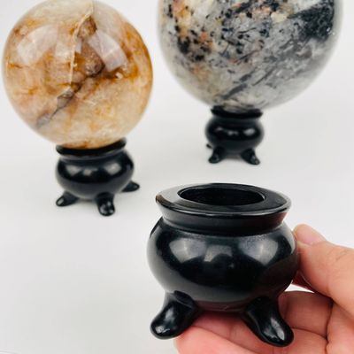 Black Obsidian Cauldron Crystal Sphere Holder