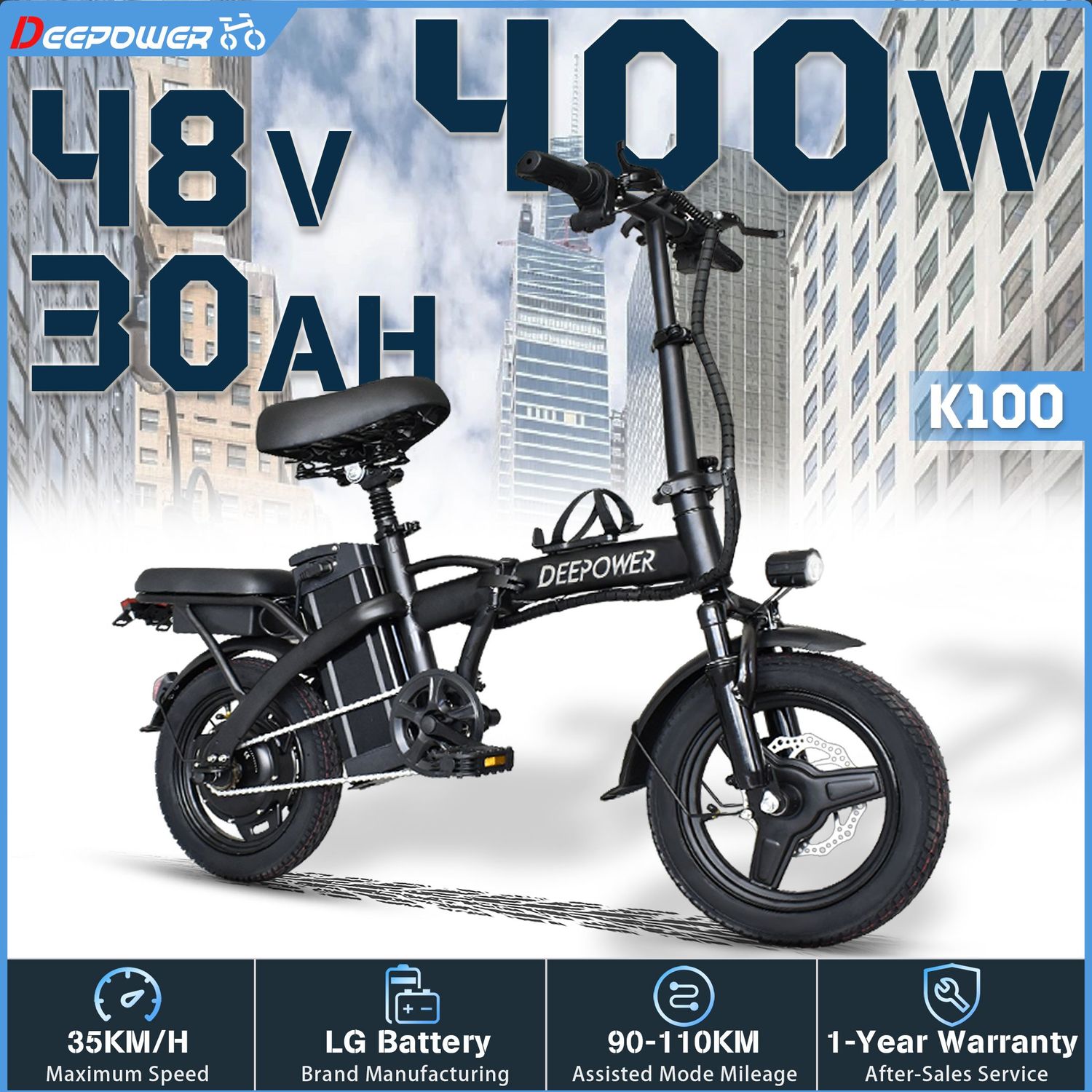 DEEPOWER K100 Electric Bike 400W 48V 10AH/30AH Foldable Adult Mini Ebike for City Commuters, Urban Commuting Electric Bicycle