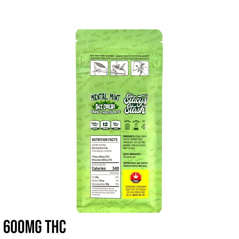 (600mg THC) Mental Mint Dark Chocolate Bar By Stacy's Stash