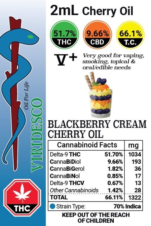 V+ Blackberry Cream Cherry Oil (2 ml – 1034 mg THC) By Viridesco