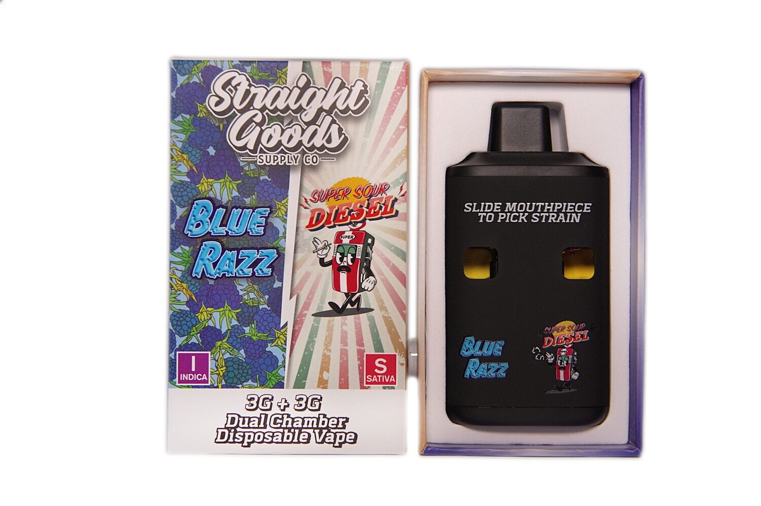 (3 Grams + 3 Grams) Blue Razz x Super Sour Diesel Dual Chamber Vape By Straight Goods