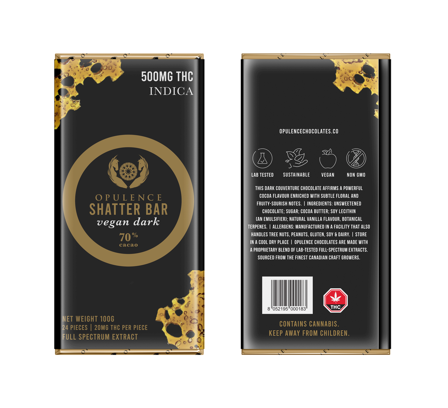 (500mg THC) (Indica) Sugar Free Vegan Dark Shatter Bar By Opulence (500mg THC) (Indica) Sugar Free Vegan Dark Shatter Bar By Opulence