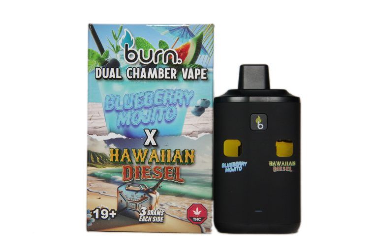 (3 Grams + 3 Grams) Blueberry Mojito (Hybrid) + Hawaiian Diesel (Sativa) Dual Chamber Vape By Burn