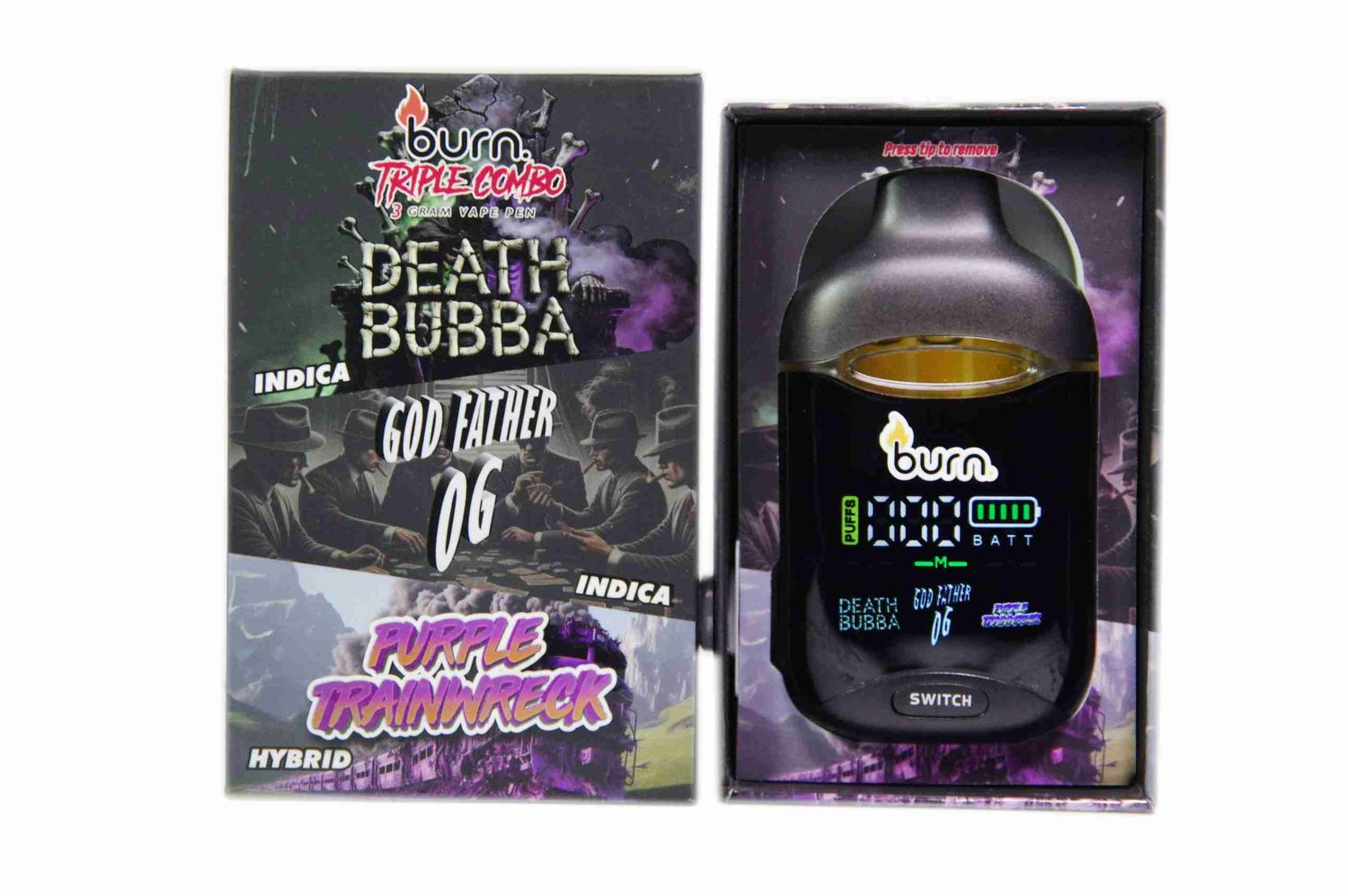 (3g) Triple Combo - Death Bubba (Indica) / Godfather OG (Indica) / Purple Trainwreck (Hybrid) Disposable Vape By Burn