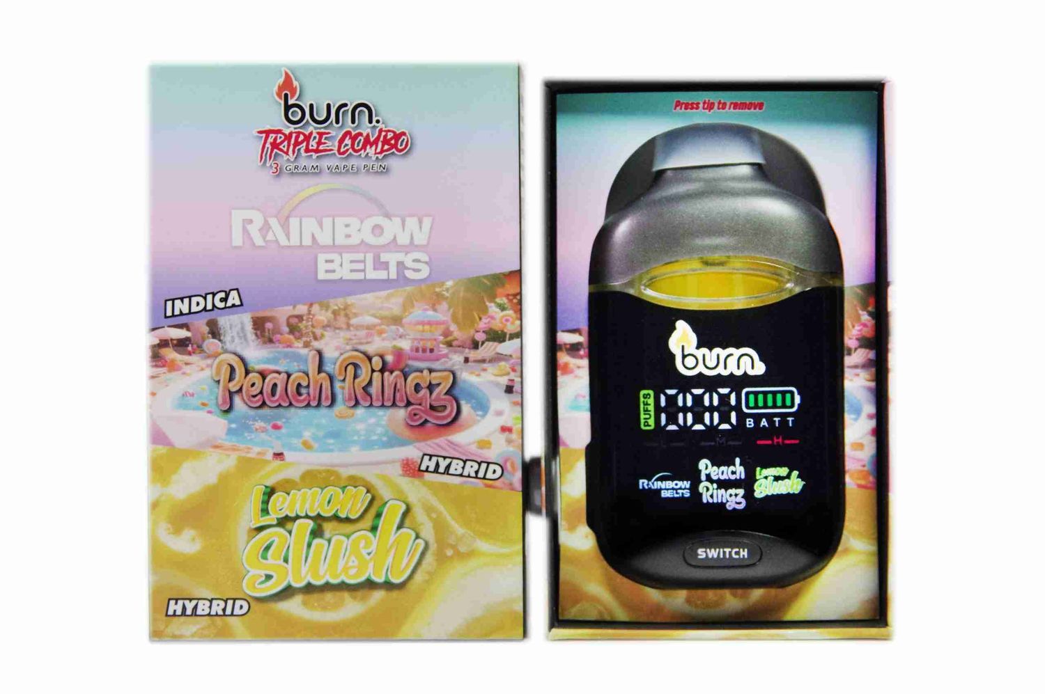 (3g) Triple Combo - Rainbow Belts (Indica)/ Peach Ringz (Hybrid)/ Lemon Slush (Hybrid) Disposable Vape By Burn