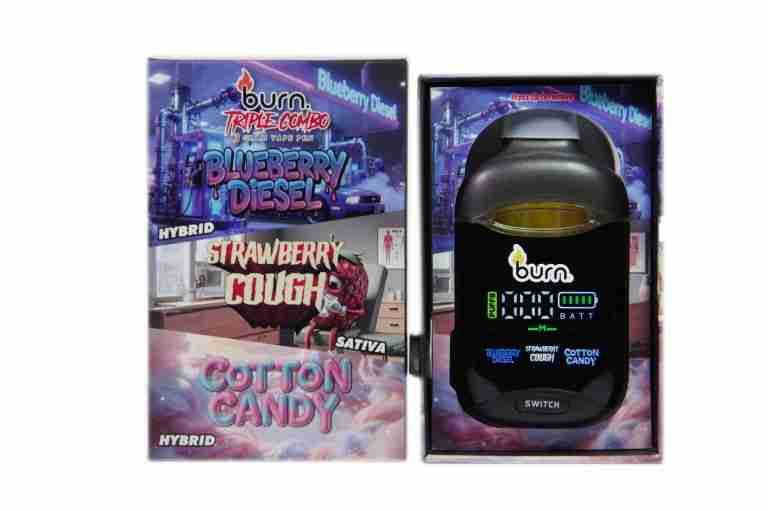 (3g) Blueberry Diesel (Hybrid) + Strawberry Cough (Sativa) + Cotton Candy (Hybrid) Vape By Burn