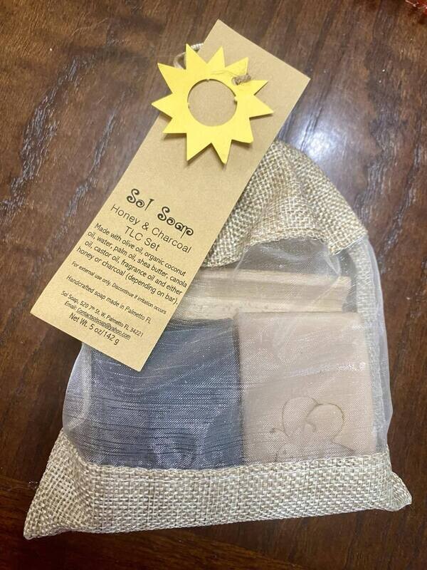 TLC Set (A set of half bar of charcoal and half bar of honey soap with a soap dish in a cute burlap bag) (Limited Supply)