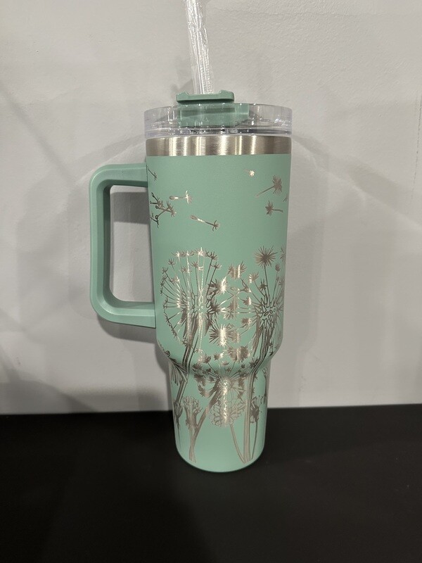 40oz Handled Laser Engraved Tumbler - Dandelions
