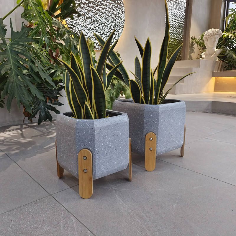 Small Grey Cube Fiber Clay Planters with Wood Colored Legs