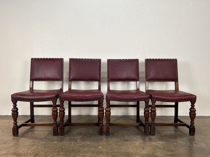 Set of Four Red Leather & Oak Chairs