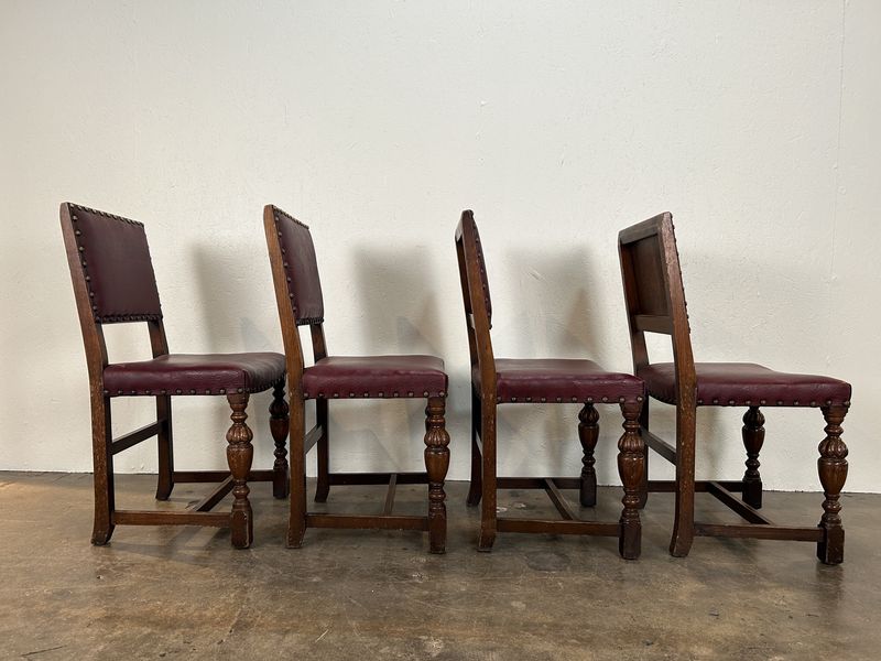 Set of Four Red Leather & Oak Chairs