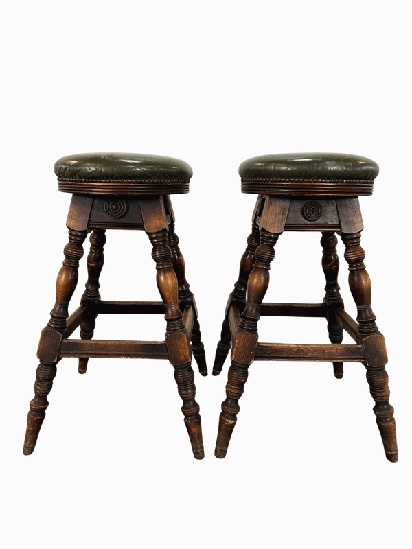 E130 - Pair of Green Leather Stools