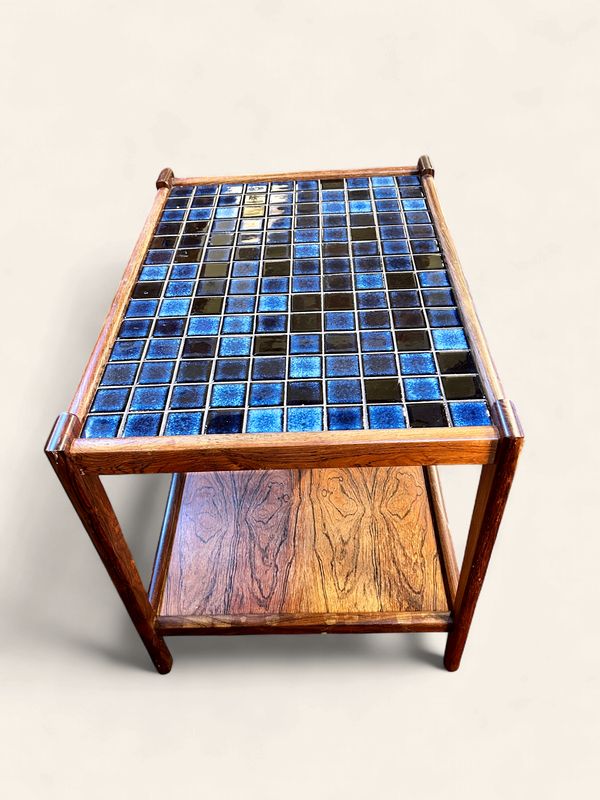 S25 - MCM Side Table with Cobalt Blue tile top and wooden second tier