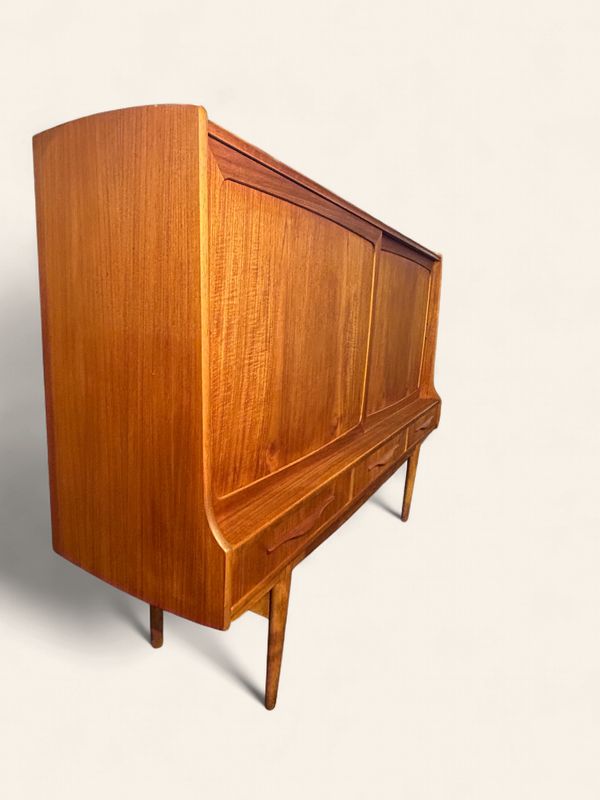 S32 - MCM Tall Boy Teak Sideboard with 2 Sliding Doors over 3 Drawers "Jetson" Paneled Fronts