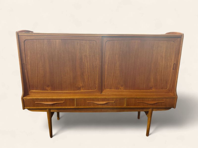 S32 - MCM Tall Boy Teak Sideboard with 2 Sliding Doors over 3 Drawers "Jetson" Paneled Fronts