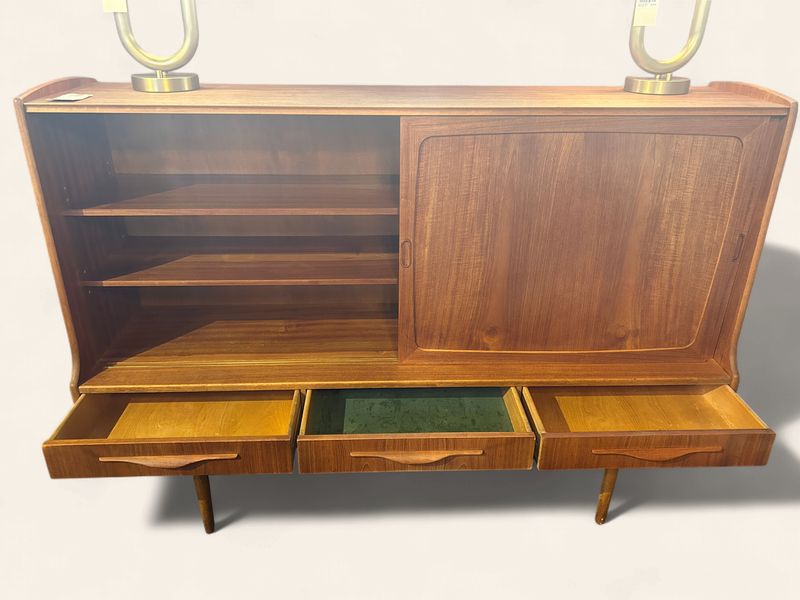 S32 - MCM Tall Boy Teak Sideboard with 2 Sliding Doors over 3 Drawers "Jetson" Paneled Fronts