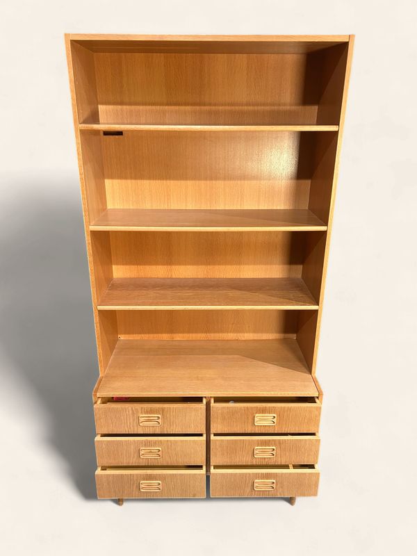 S46 - Very Clean Lines - MCM White Oak Danish Bookcase with 6 lower drawers