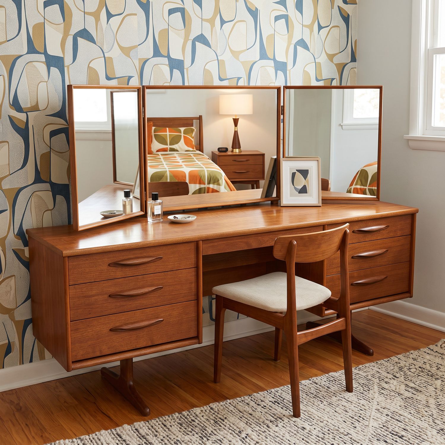 E108 - Really Lovely stylized MCM vanity/dressing table with triptych attached mirror, great feet, don't miss center drawer